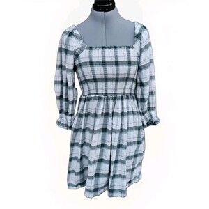 Madewell | Green Plaid Smocked 3/4 Sleeve Flannel Dress Size Small
